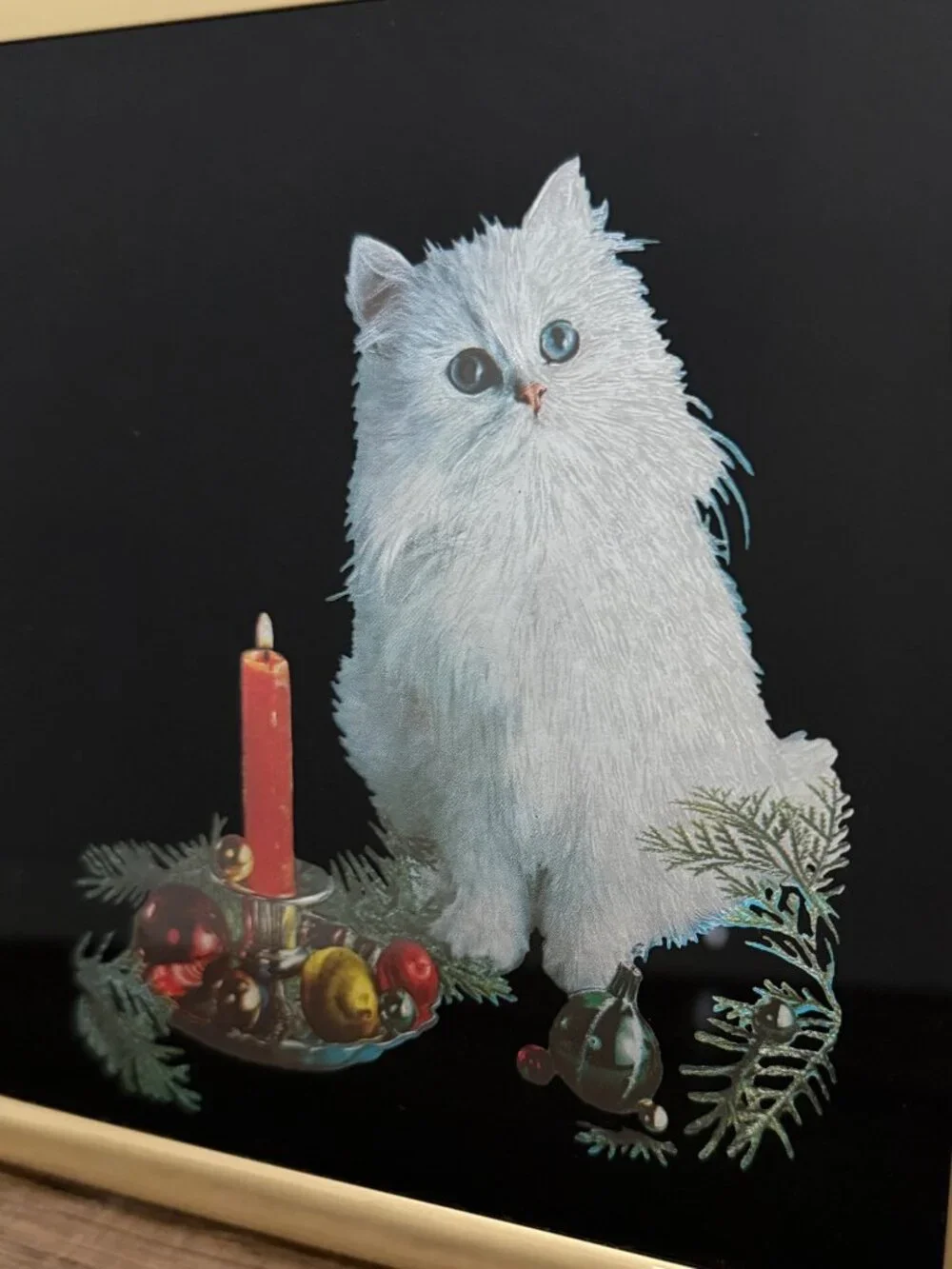 Vintage Kafka Gold Framed‎ Metallic Foil Persian Cat Kitten Christmas Art Print